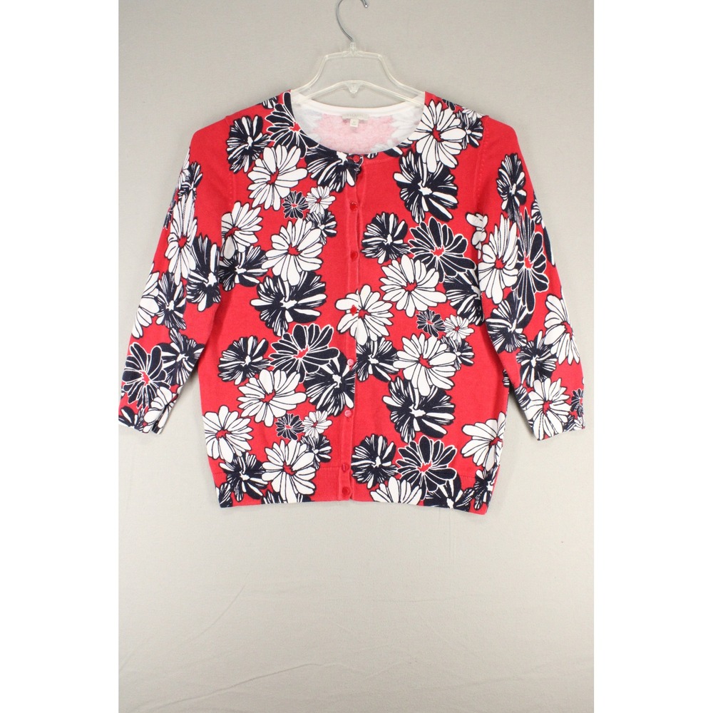 Talbots Cardigan Floral Print Red Womens Medium 3/4 Sleeve Cotton Preppy Boho